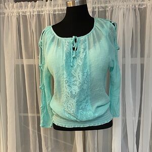 Lace-Trimmed Aqua Top with sleeve cut outs size L
